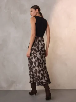 Brown Animal Print Satin Midi Skirt