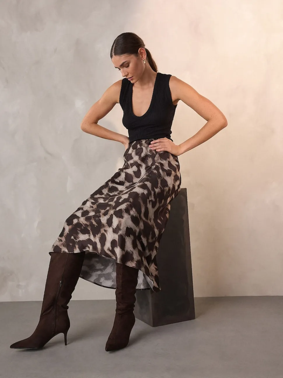 Brown Animal Print Satin Midi Skirt