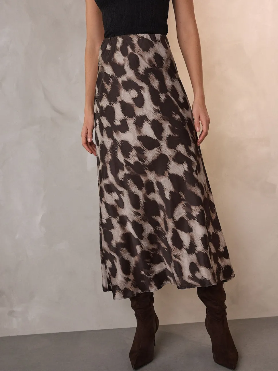 Brown Animal Print Satin Midi Skirt