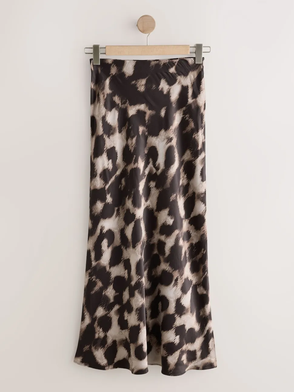 Brown Animal Print Satin Midi Skirt