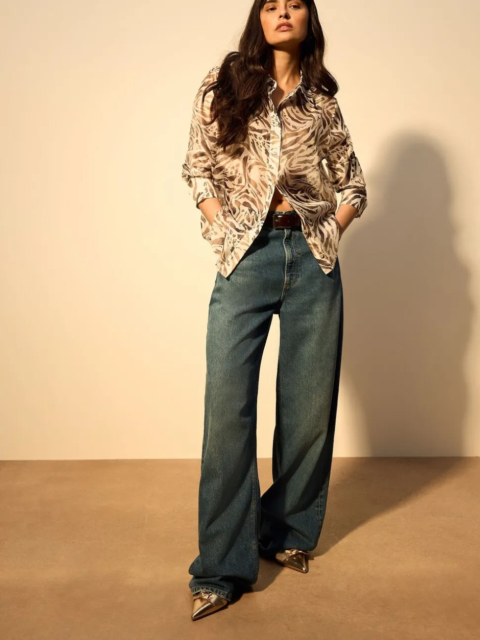 Brown Animal Print Sheer Long Sleeve Shirt