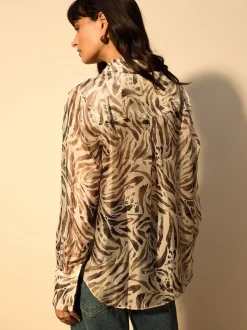 Brown Animal Print Sheer Long Sleeve Shirt