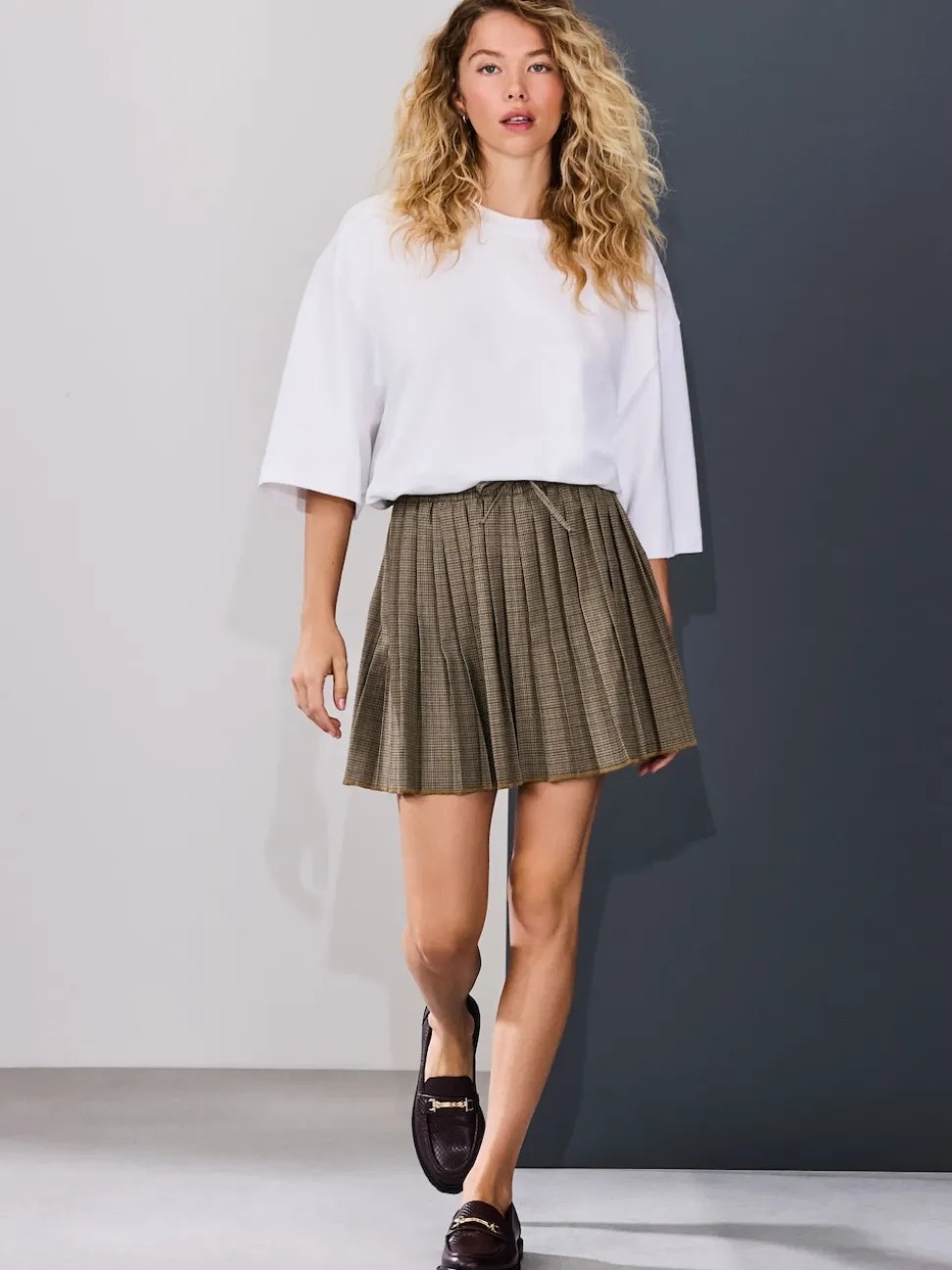 Brown Check Pleated Pull On Mini Skirt