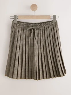 Brown Check Pleated Pull On Mini Skirt