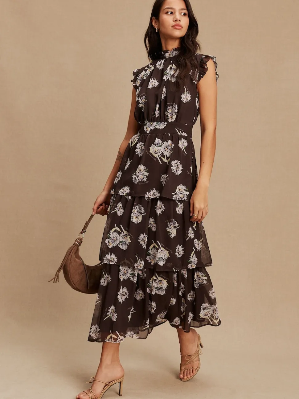 Brown Floral Printed High Neck Tiered Occasion Maxi Dress