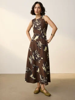 Brown Floral Sleeveless Column A-Line Maxi Dress