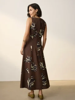 Brown Floral Sleeveless Column A-Line Maxi Dress