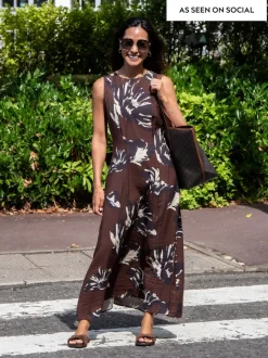 Brown Floral Sleeveless Column A-Line Maxi Dress