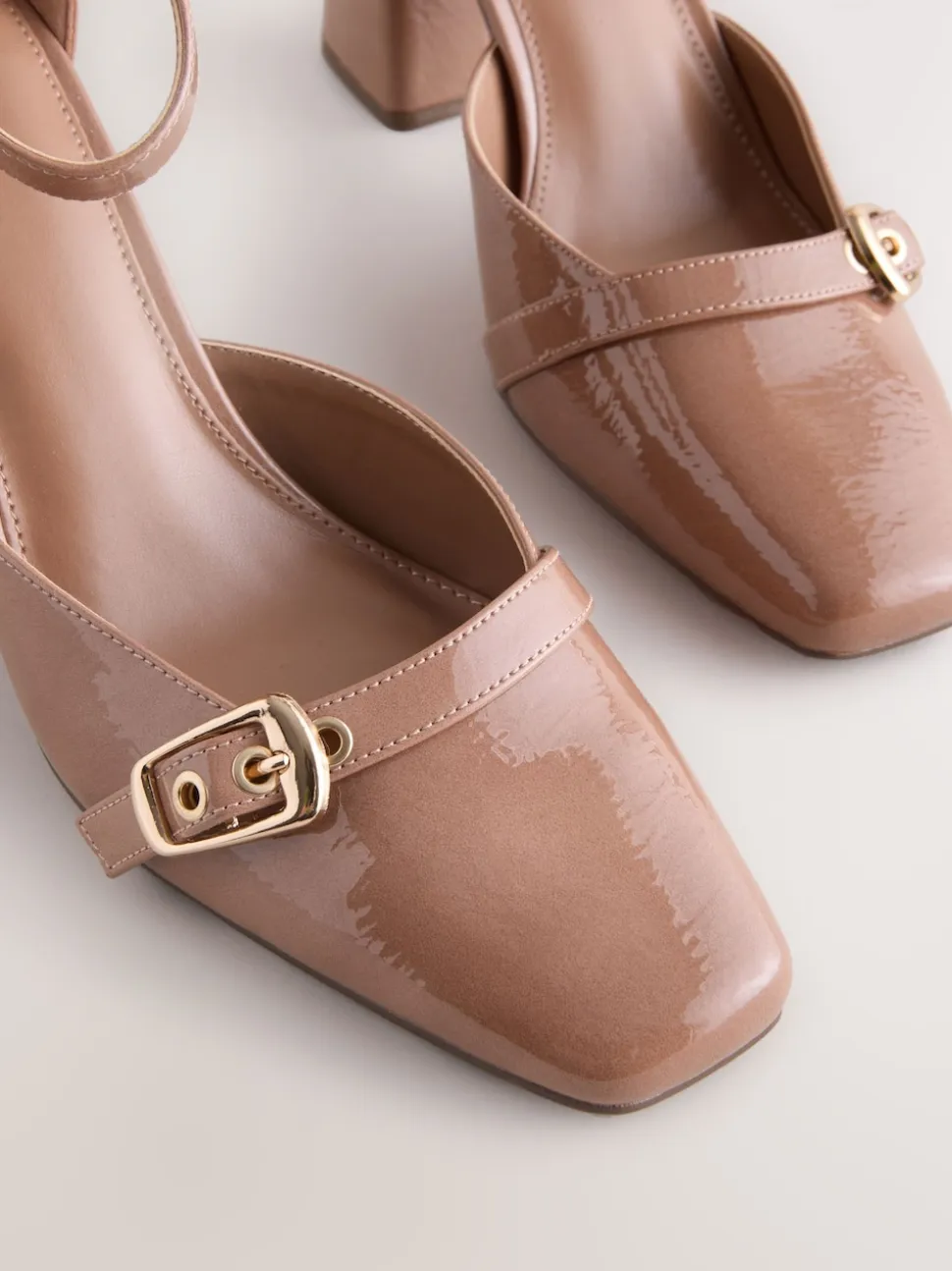 Brown Forever Comfort® Buckle Closed Toe Block Heels
