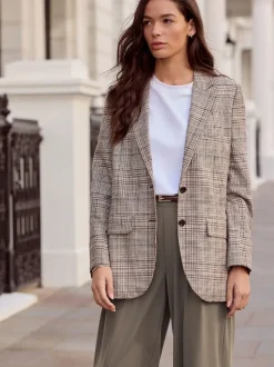 Brown N.Premium Check Linen Rich Single Breasted Blazer