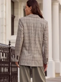 Brown N.Premium Check Linen Rich Single Breasted Blazer