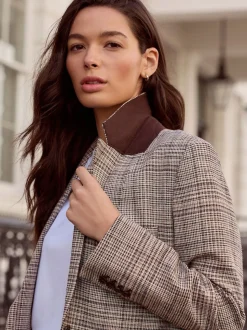 Brown N.Premium Check Linen Rich Single Breasted Blazer