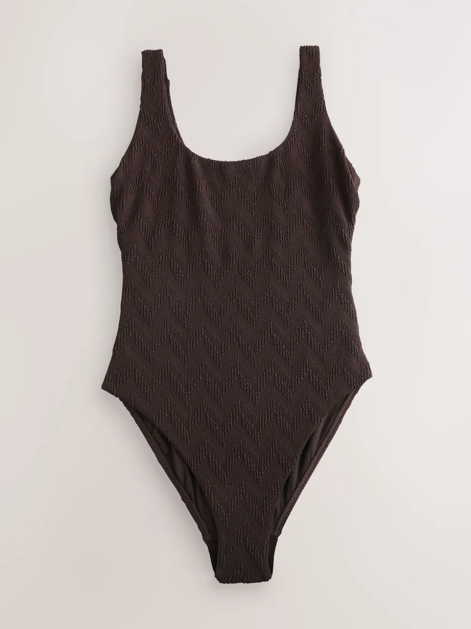 Brown Textured Scoop Neck Tummy Control Swimsuit