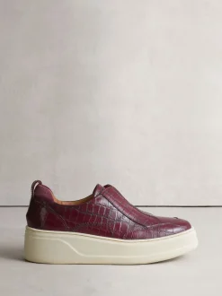 Burgundy Croc Effect Signature Leather Chunky Wedge Platform Trainers