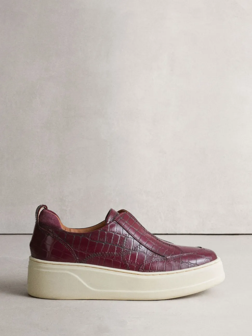 Burgundy Croc Effect Signature Leather Chunky Wedge Platform Trainers