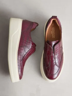 Burgundy Croc Effect Signature Leather Chunky Wedge Platform Trainers