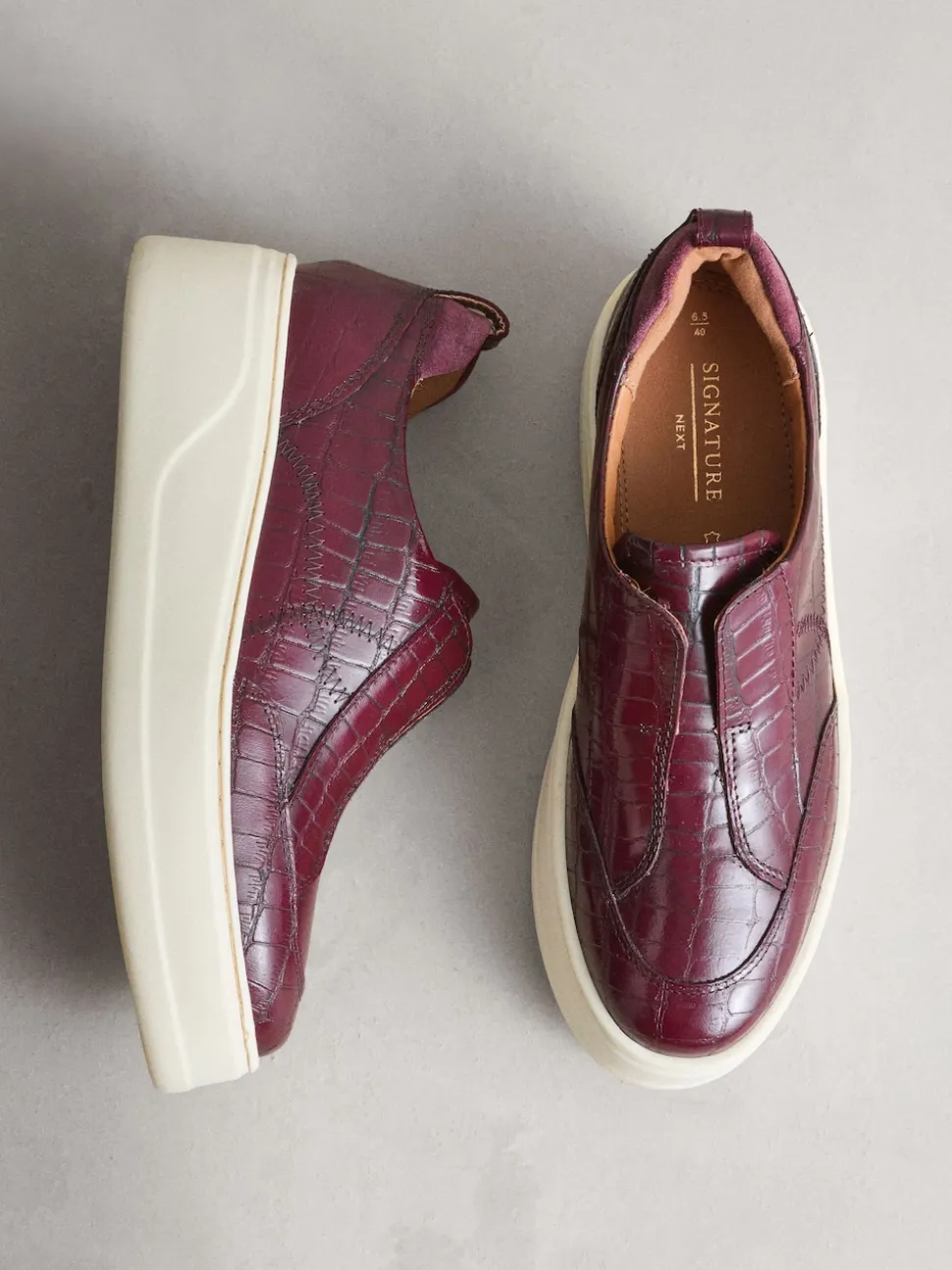 Burgundy Croc Effect Signature Leather Chunky Wedge Platform Trainers
