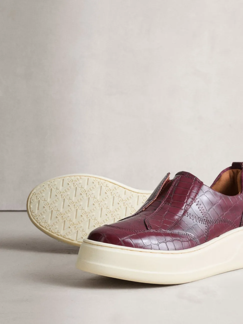 Burgundy Croc Effect Signature Leather Chunky Wedge Platform Trainers