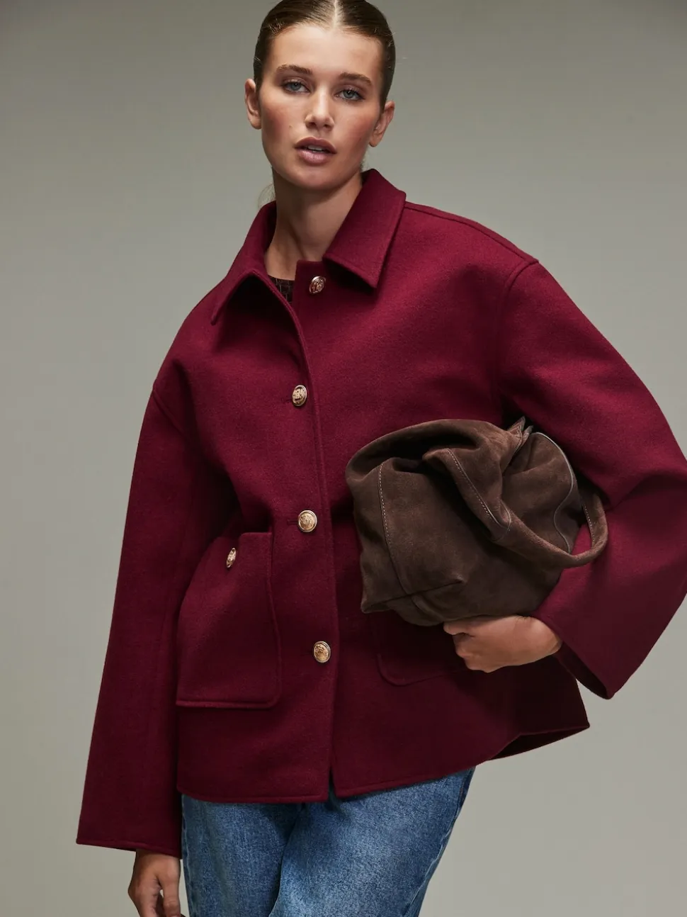 Burgundy Red Brushed Collared Jacket