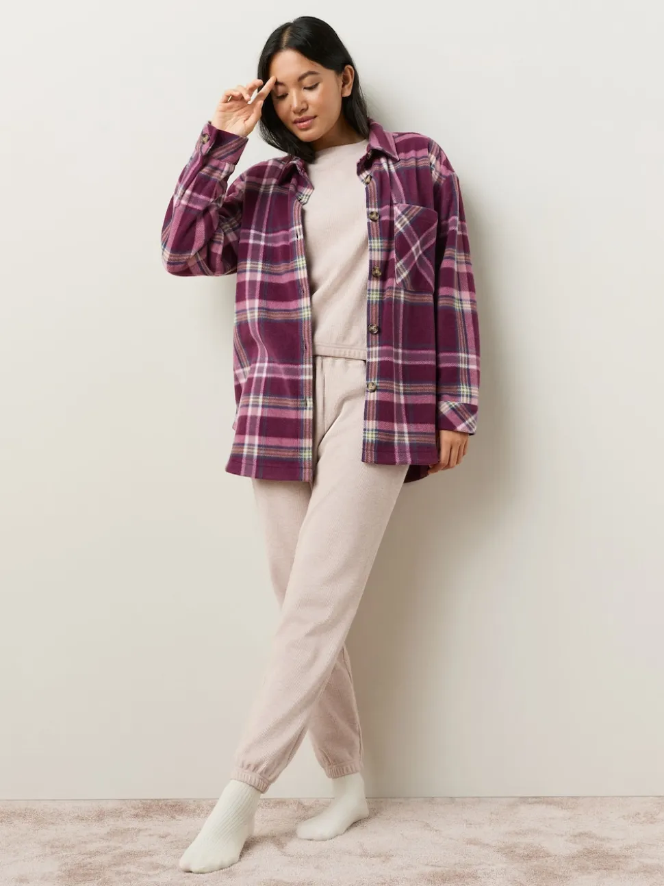 Burgundy Red Check Polar Fleece Shacket