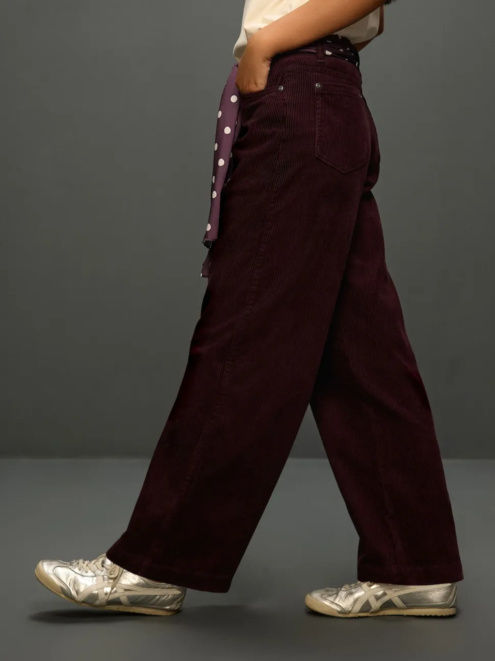 Burgundy Red Cord Wide Leg Trousers With Scarf
