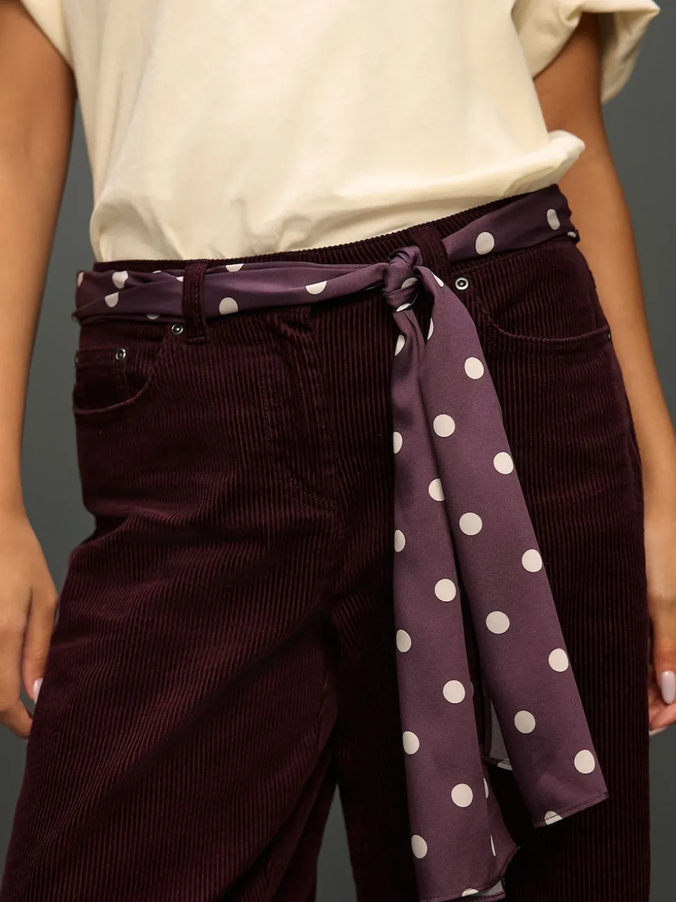 Burgundy Red Cord Wide Leg Trousers With Scarf