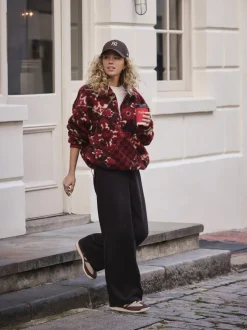 Burgundy Red Floral Jacquard Teddy Borg Quarter Zip Fleece Sweatshirt