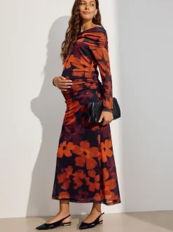 Burgundy Red Floral Maternity Mesh Bardot Dress