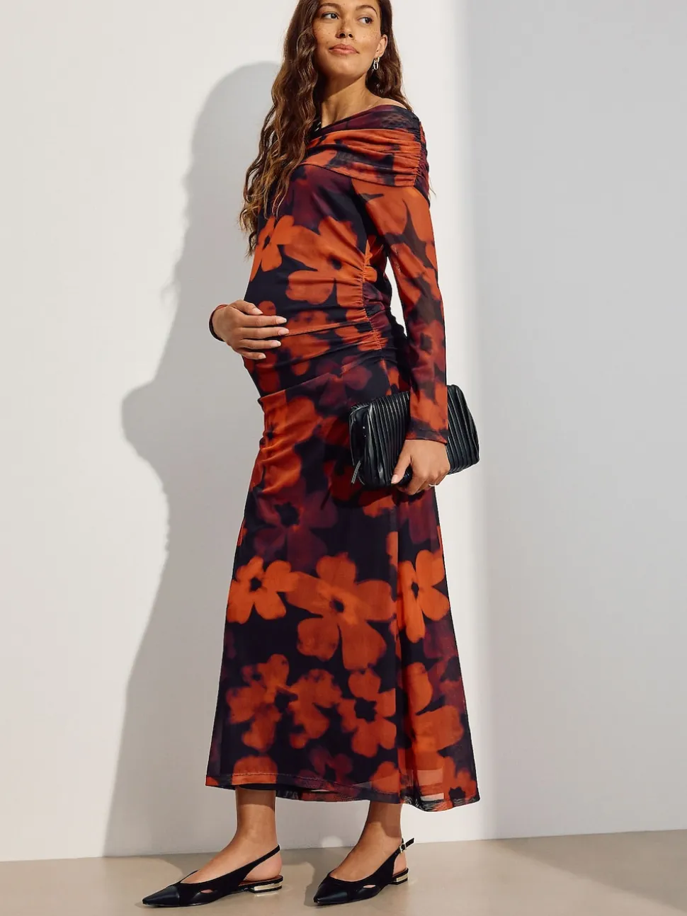Burgundy Red Floral Maternity Mesh Bardot Dress