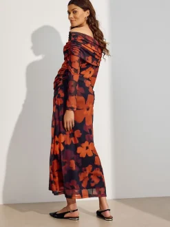 Burgundy Red Floral Maternity Mesh Bardot Dress