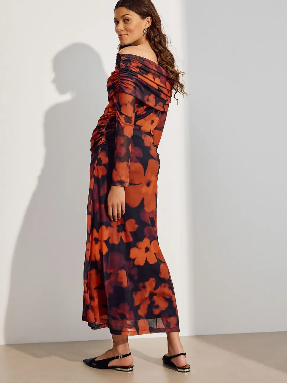 Burgundy Red Floral Maternity Mesh Bardot Dress
