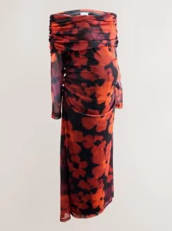 Burgundy Red Floral Maternity Mesh Bardot Dress