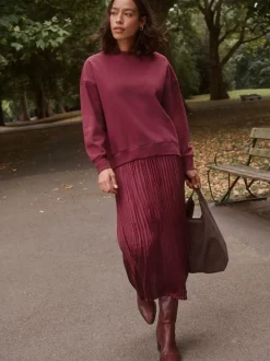 Burgundy Red 2-In-1 Sweatshirt With Satin Midi Skirt