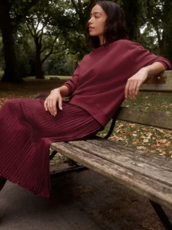 Burgundy Red 2-In-1 Sweatshirt With Satin Midi Skirt