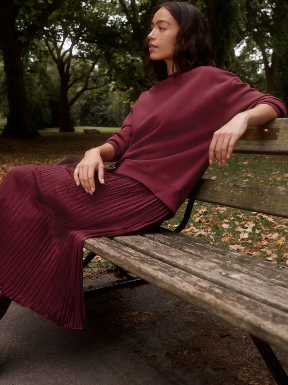 Burgundy Red 2-In-1 Sweatshirt With Satin Midi Skirt