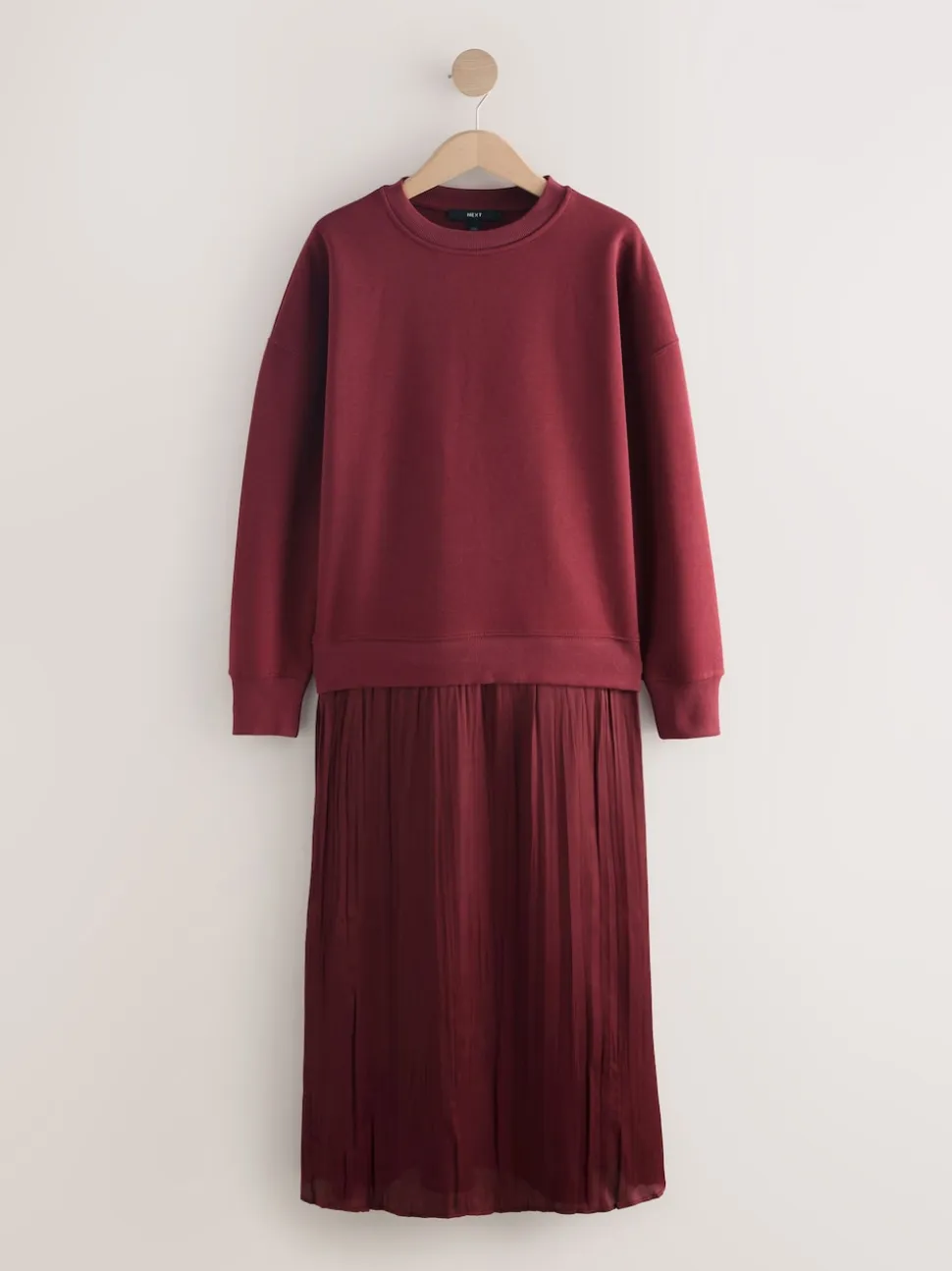 Burgundy Red 2-In-1 Sweatshirt With Satin Midi Skirt