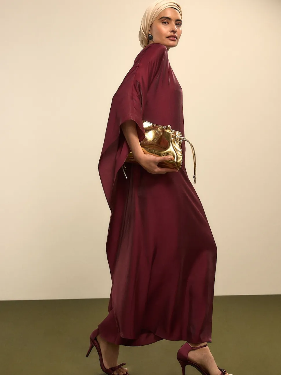 Burgundy Red Kaftan Shimmer Maxi Dress