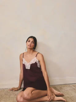 Burgundy Red Lace Detail Satin Slip