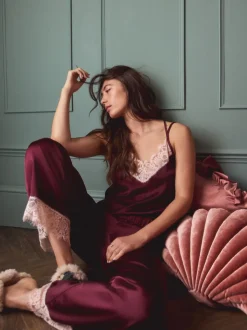 Burgundy Red Lace Trim Cami Pyjamas