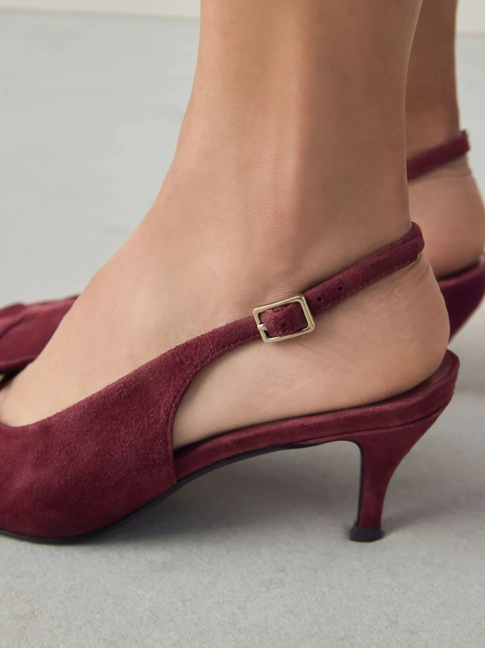 Burgundy Red Leather Cutout Hardware Detail Slingback Heels