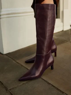 Burgundy Red Leather Knee High Skinny Heeled Boots