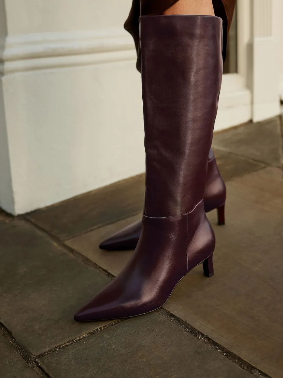 Burgundy Red Leather Knee High Skinny Heeled Boots