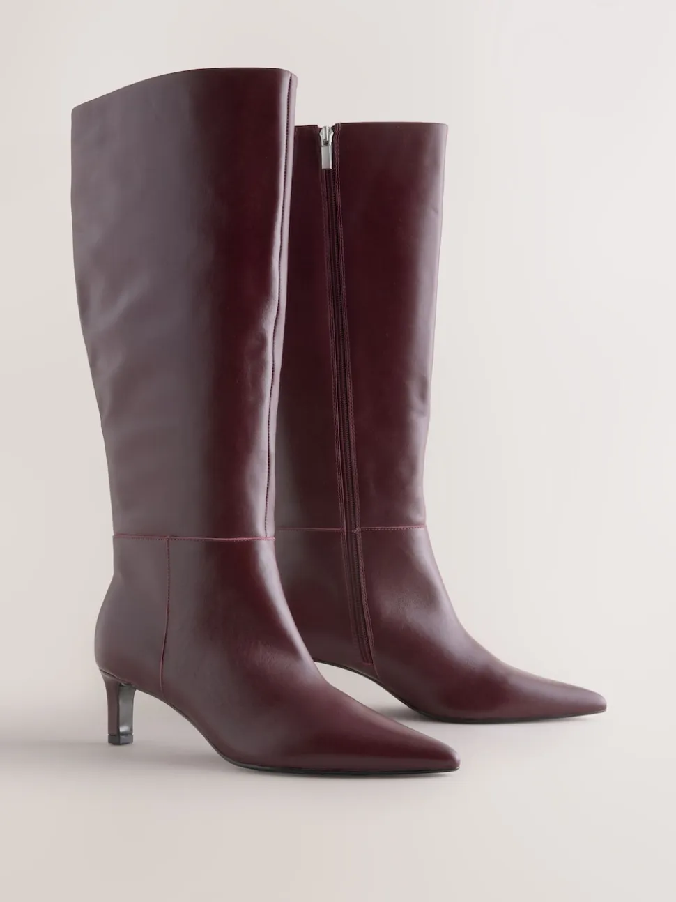 Burgundy Red Leather Knee High Skinny Heeled Boots