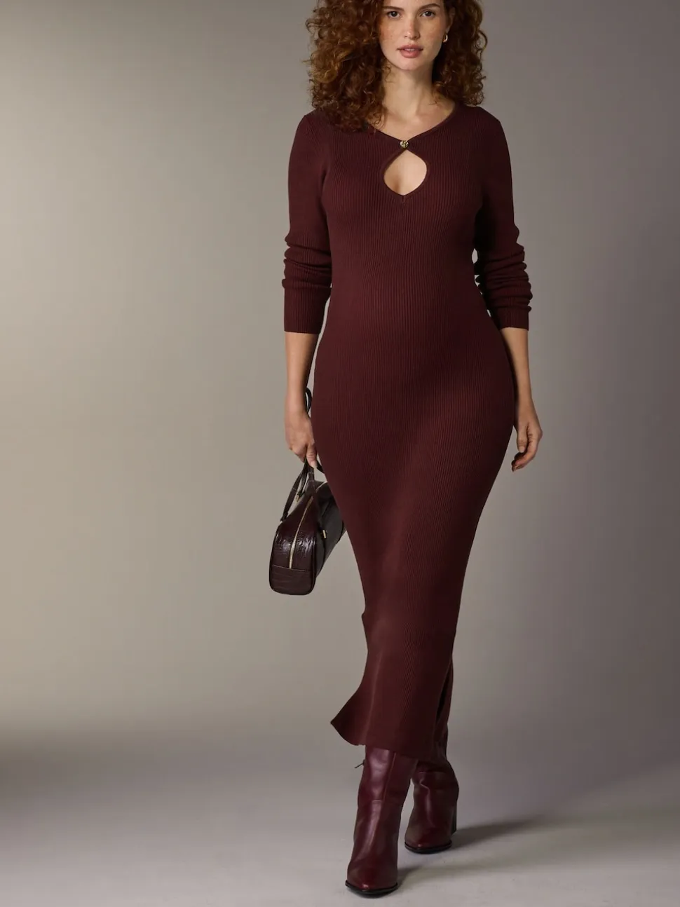 Burgundy Red Maternity Knitted Keyhole Dress