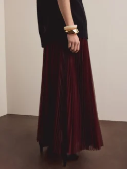 Burgundy Red Mesh Pleated Maxi Skirt
