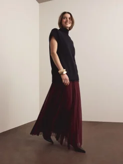 Burgundy Red Mesh Pleated Maxi Skirt