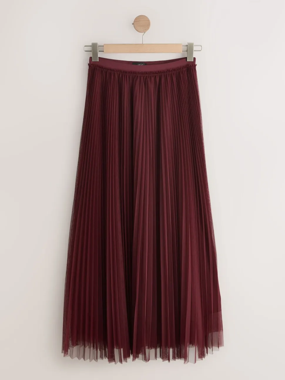 Burgundy Red Mesh Pleated Maxi Skirt