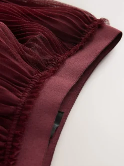 Burgundy Red Mesh Pleated Maxi Skirt