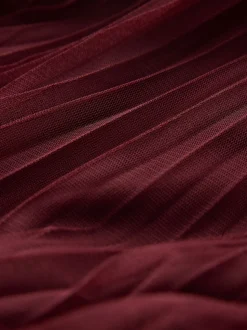 Burgundy Red Mesh Pleated Maxi Skirt