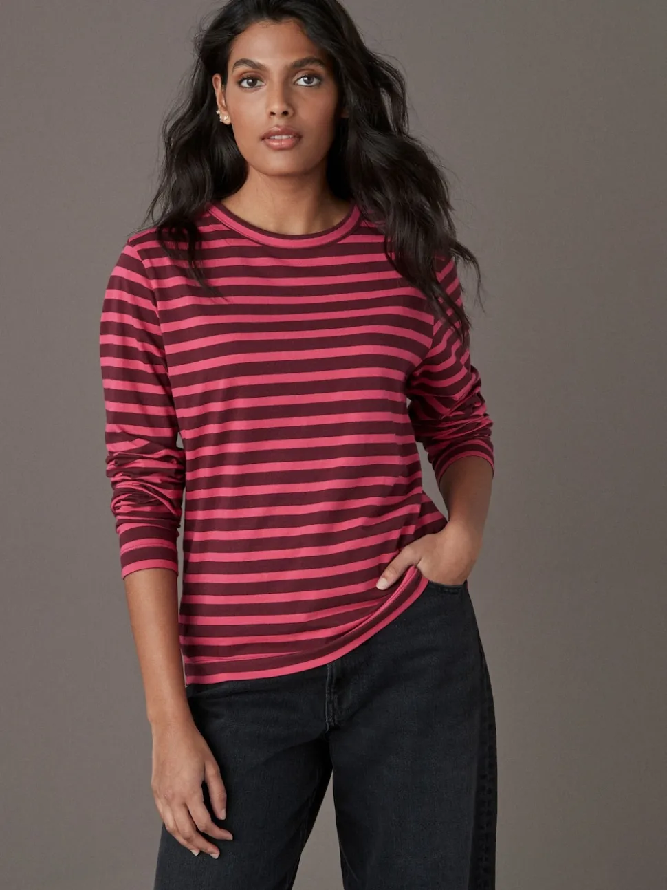 Burgundy Red Stripe Long Sleeve Crew Neck T-Shirt